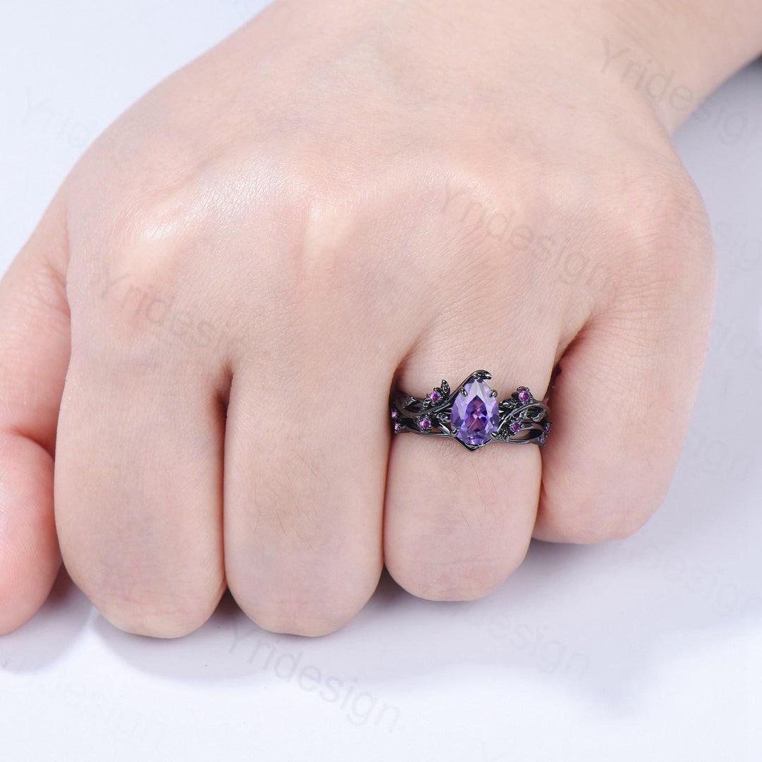 Black Gold Purple Sapphire Bridal Ring Set, Vintage Leaf Amethyst Wedding Rings - PENFINE