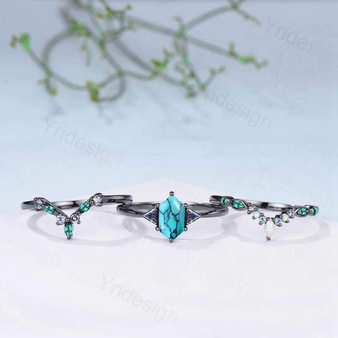 Black Gold Turquoise Ring Set, Alexandrite Opal Bridal Rings - PENFINE