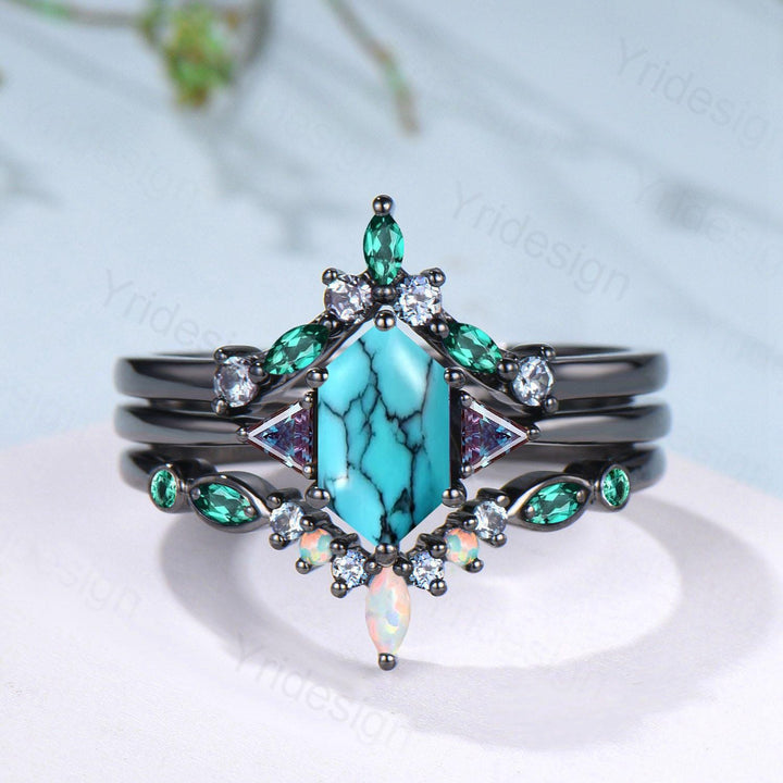 Black Gold Turquoise Ring Set, Alexandrite Opal Bridal Rings - PENFINE