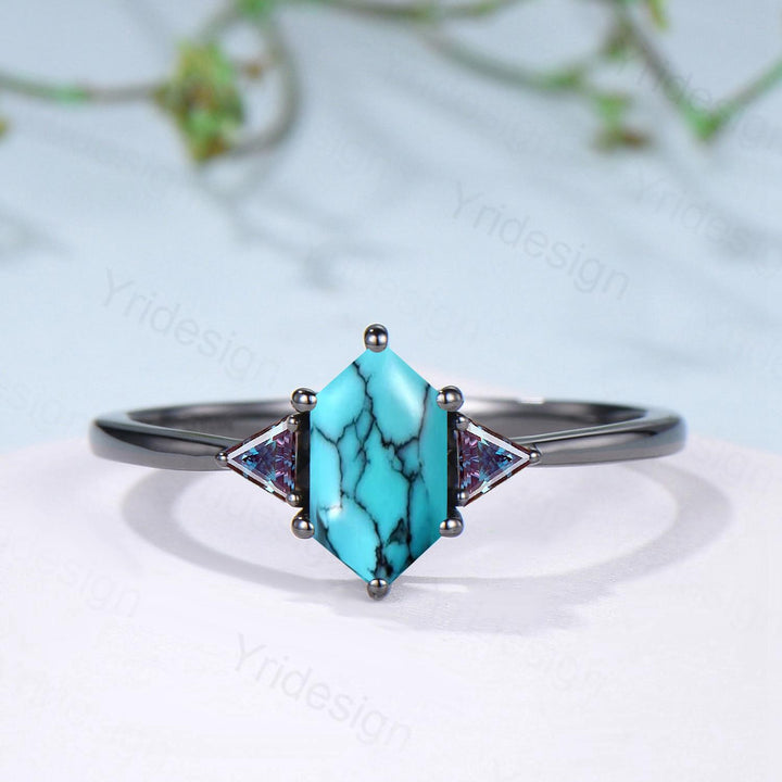 Black Gold Turquoise Ring Set, Alexandrite Opal Bridal Rings - PENFINE