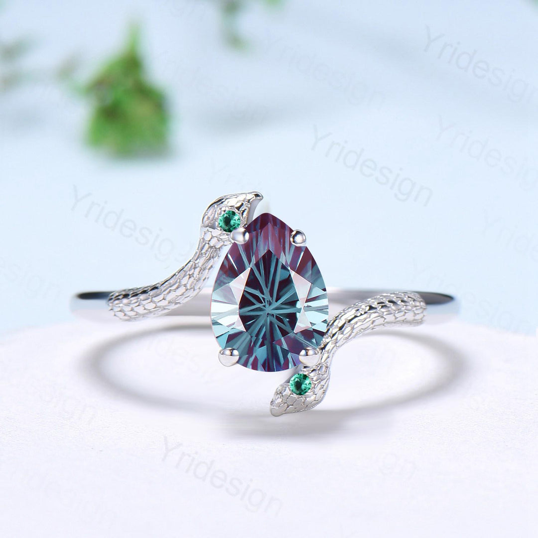 Snake Alexandrite Engagement Ring, Pear Cut Gothic Wedding Ring, Rose Gold - PENFINE
