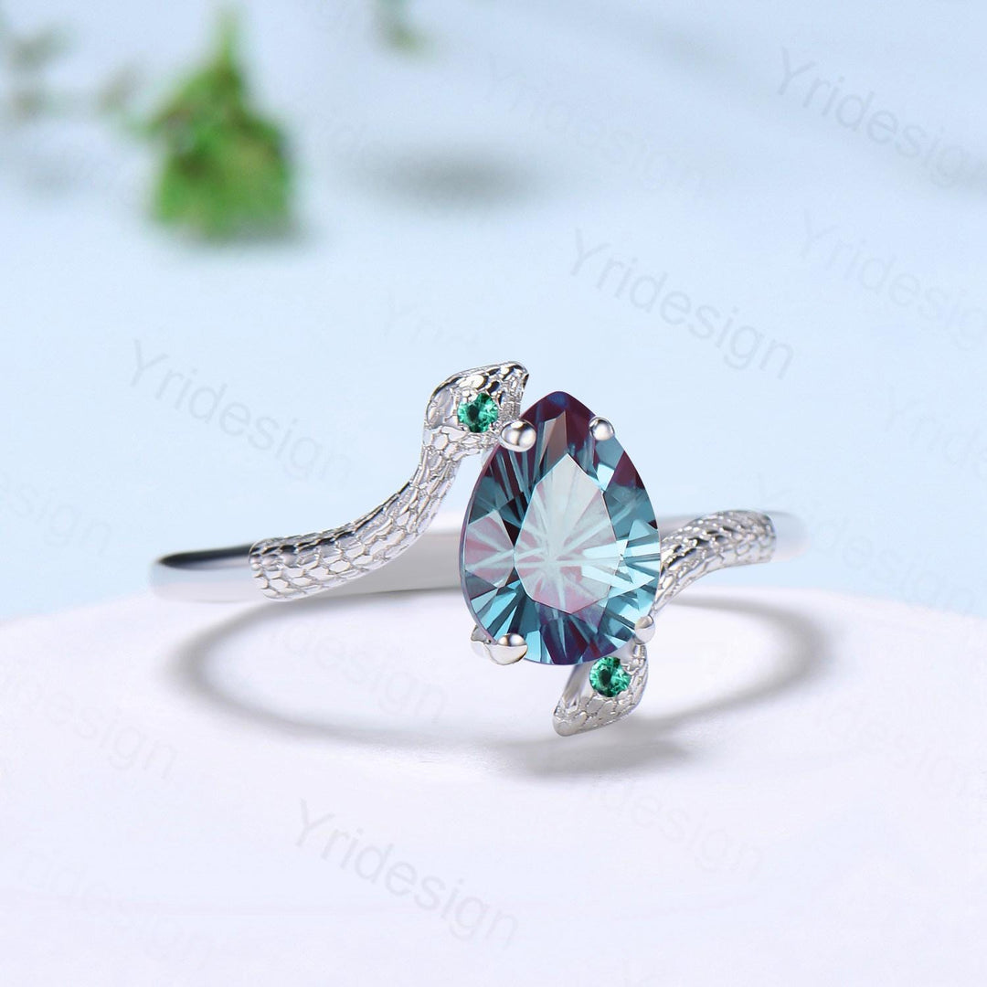 Snake Alexandrite Engagement Ring, Pear Cut Gothic Wedding Ring, Rose Gold - PENFINE