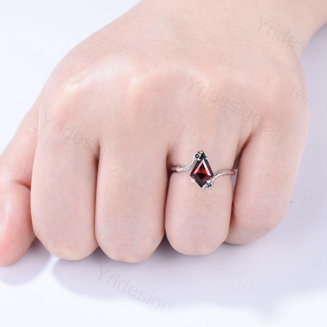 Garnet Snake Ring, Black Gold Gothic Engagement Ring, Kite Cut - PENFINE