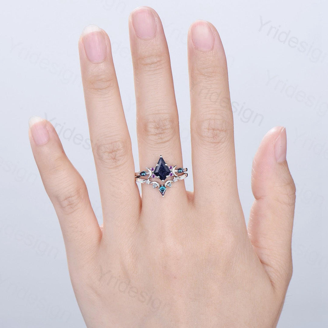 Vintage kite cut blue sandstone engagement ring set Crescent moon star alexandrite amethyst cluster ring unique gothic bridal ring set women - PENFINE