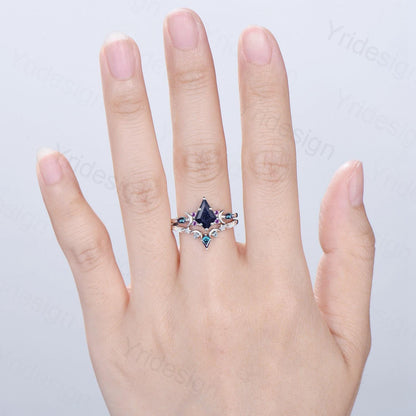 Vintage kite cut blue sandstone engagement ring set Crescent moon star alexandrite amethyst cluster ring unique gothic bridal ring set women - PENFINE