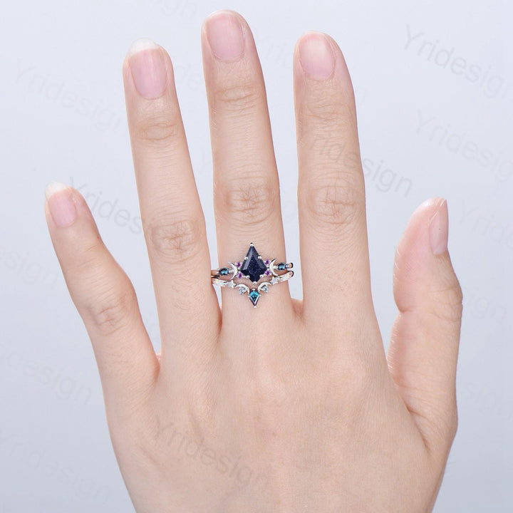 Vintage kite cut blue sandstone engagement ring set Crescent moon star alexandrite amethyst cluster ring unique gothic bridal ring set women - PENFINE