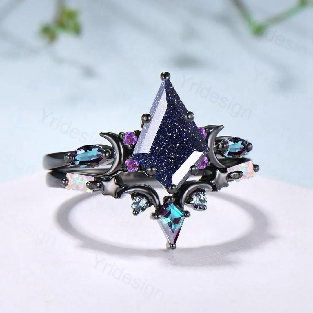 Vintage kite cut blue sandstone engagement ring set Crescent moon star alexandrite amethyst cluster ring unique gothic bridal ring set women - PENFINE