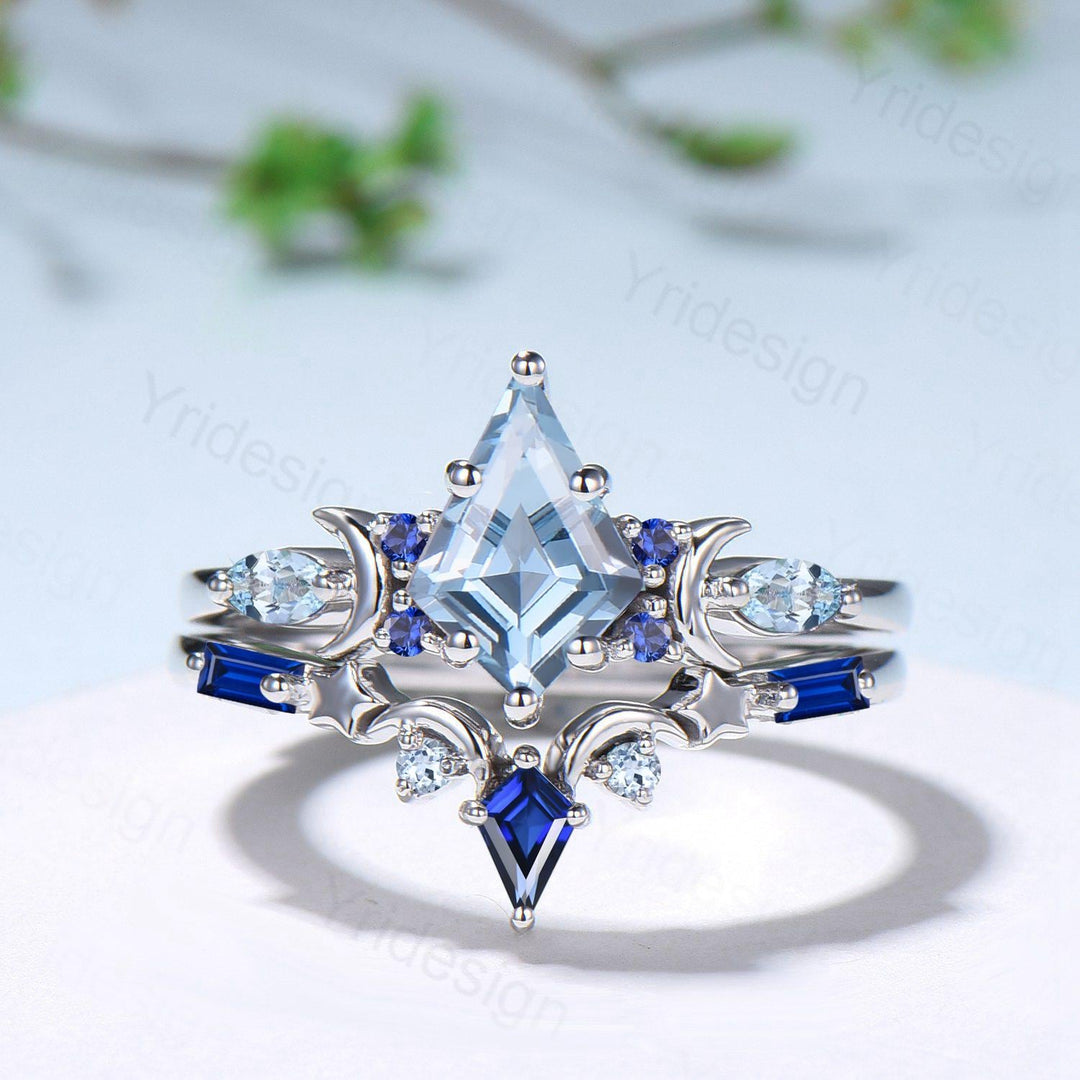 Vintage Aquamarine ring set Unique kite cut aquamarine moon star engagement ring set Elegant March birthstone sapphire wedding set for women - PENFINE