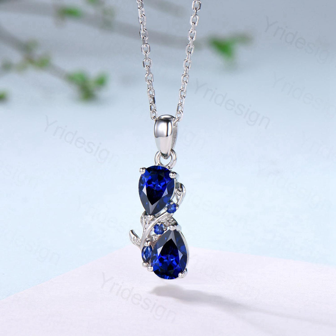 Pear Sapphire Pendant Necklace, 14K Rose Gold Branch & Snake Design - PENFINE