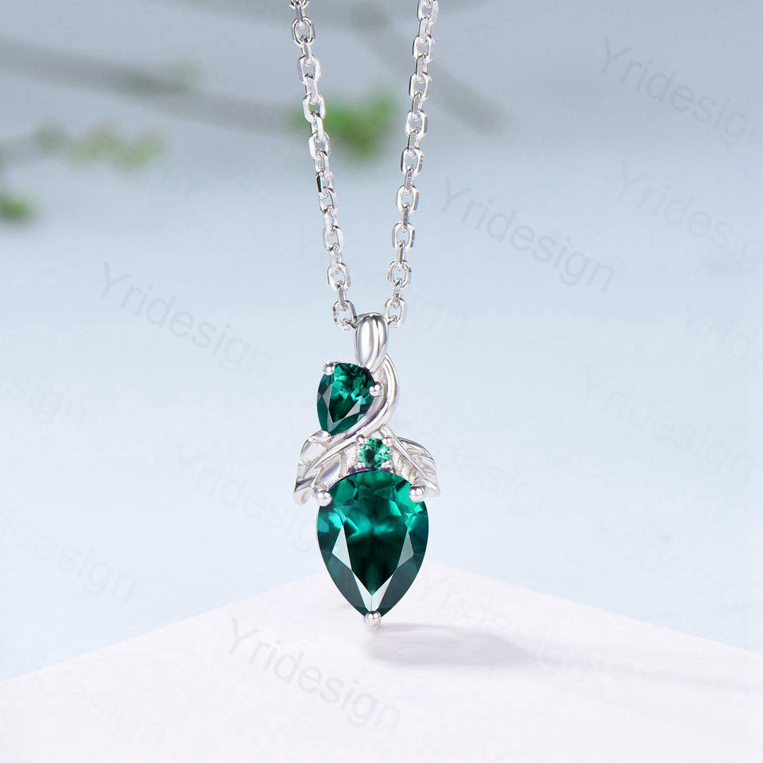 Pear Emerald Necklace, May Birthstone, Nature Inspired Vine Pendant - PENFINE