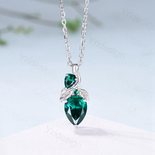 Pear Emerald Necklace, May Birthstone, Nature Inspired Vine Pendant - PENFINE