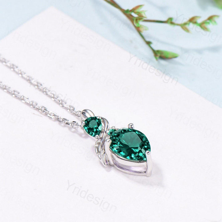 Pear Emerald Necklace, May Birthstone, Nature Inspired Vine Pendant - PENFINE