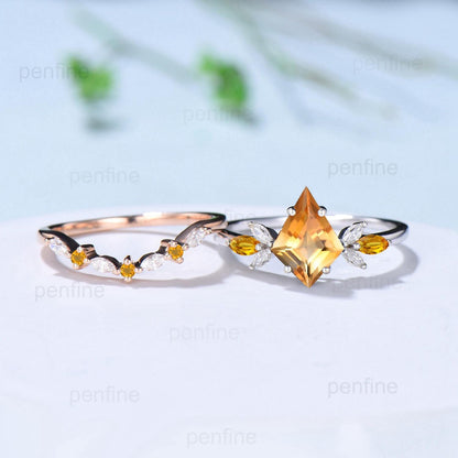 Retro citrine engagement ring set kite cu Vintage kite cut citrine wedding ring for women yellow crystal November birthstone promise ring - PENFINE