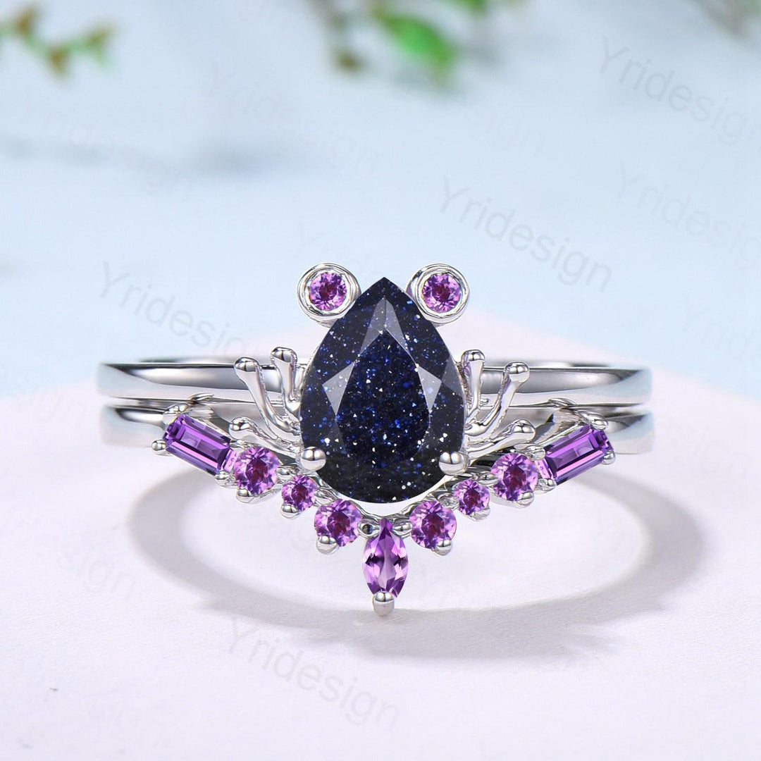Unique pear blue sandstone engagement ring set, Frog animal inspired galaxy wedding set, three stone amethyst bridal set anniversary gift - PENFINE