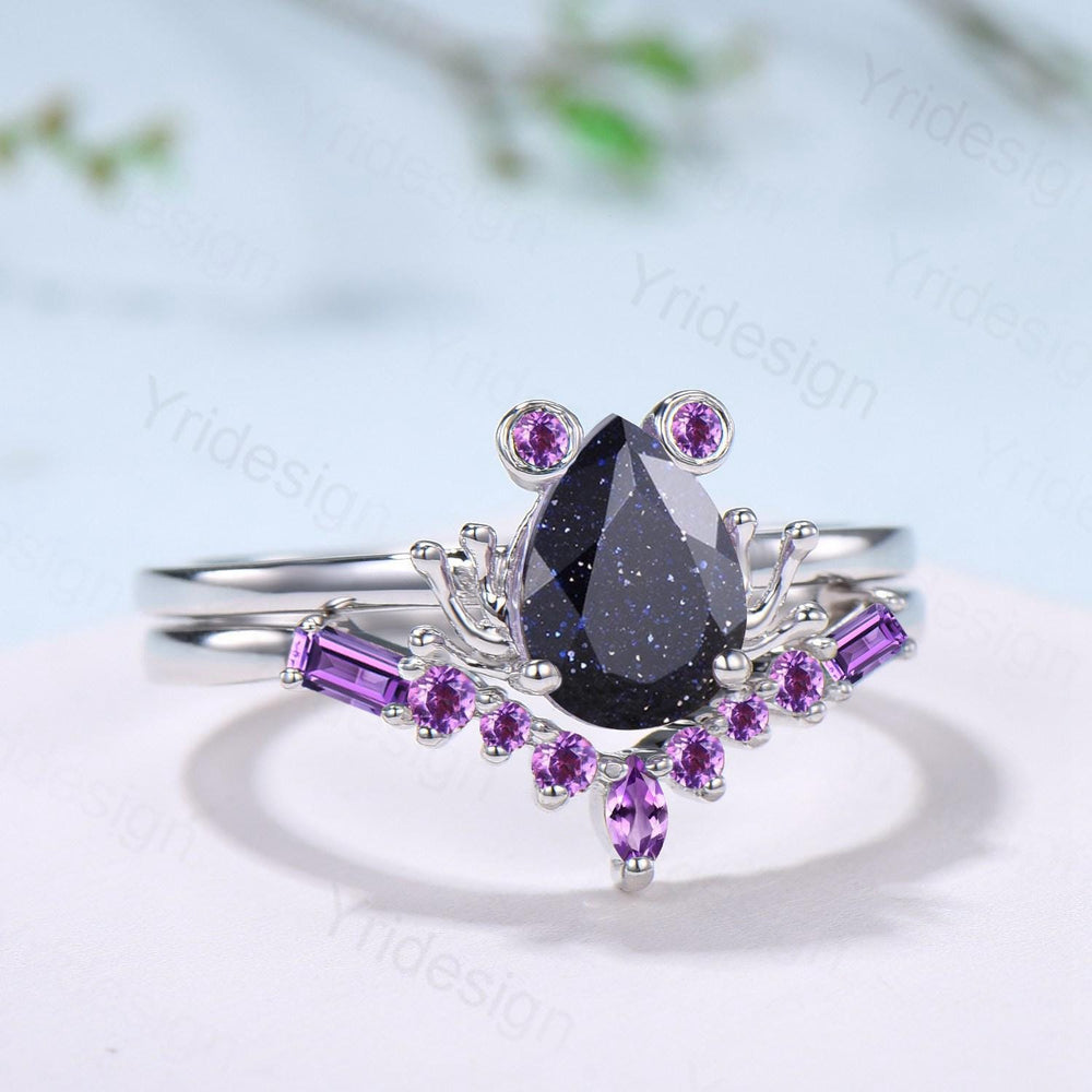 Unique pear blue sandstone engagement ring set, Frog animal inspired galaxy wedding set, three stone amethyst bridal set anniversary gift - PENFINE