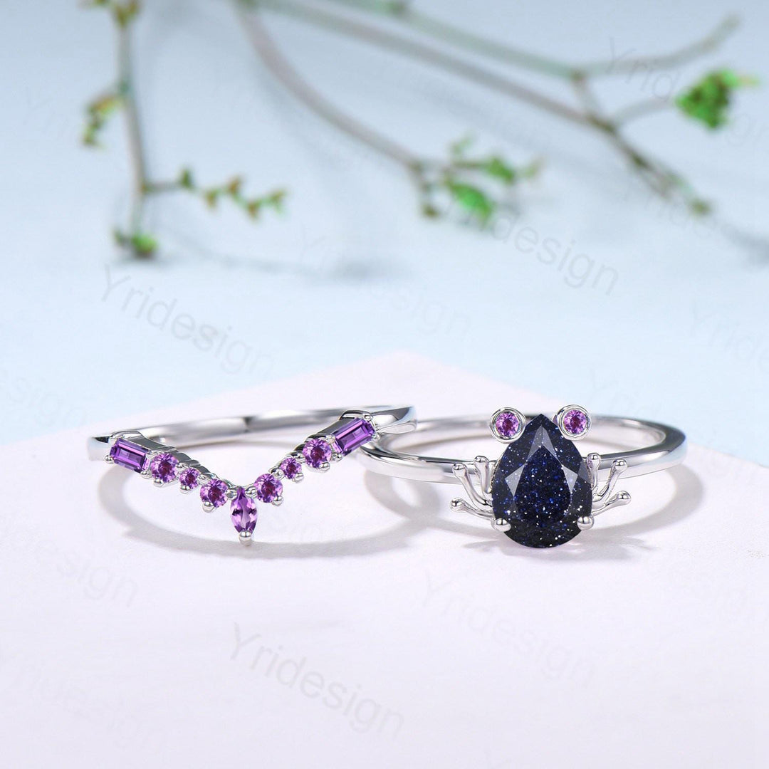 Unique pear blue sandstone engagement ring set, Frog animal inspired galaxy wedding set, three stone amethyst bridal set anniversary gift - PENFINE