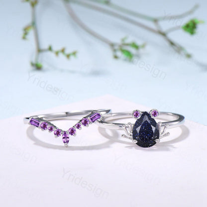 Unique pear blue sandstone engagement ring set, Frog animal inspired galaxy wedding set, three stone amethyst bridal set anniversary gift - PENFINE