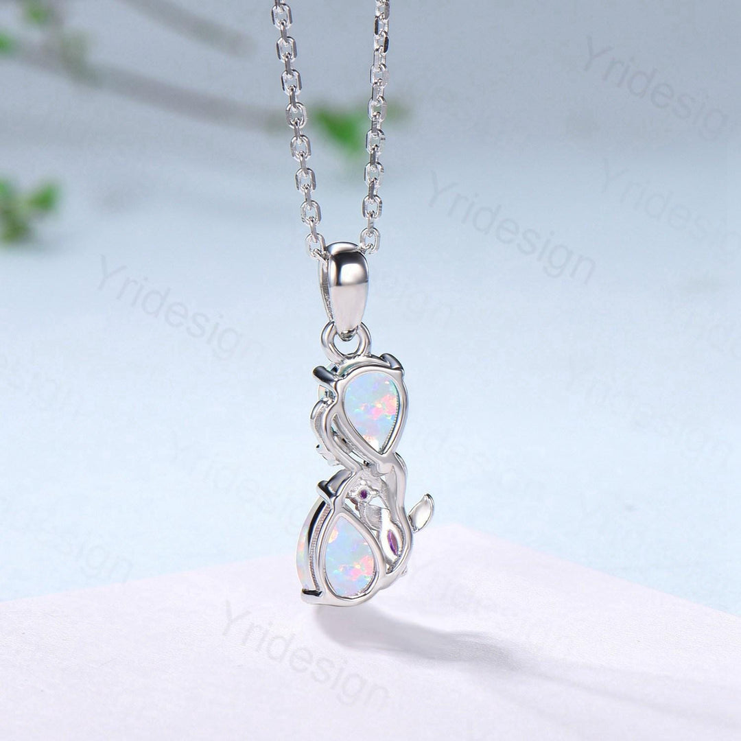Handmade White Opal Pendant Necklace, Amethyst Accent, 14K Gold - PENFINE