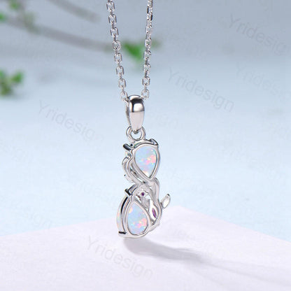 Handmade White Opal Pendant Necklace, Amethyst Accent, 14K Gold - PENFINE