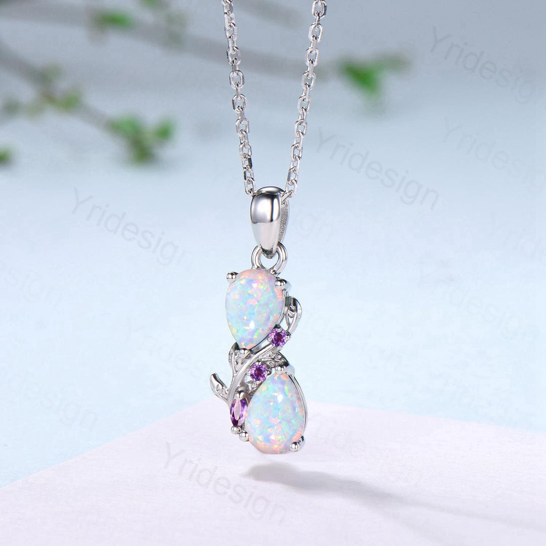 Handmade White Opal Pendant Necklace, Amethyst Accent, 14K Gold - PENFINE