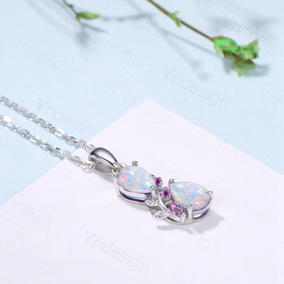 Handmade White Opal Pendant Necklace, Amethyst Accent, 14K Gold - PENFINE
