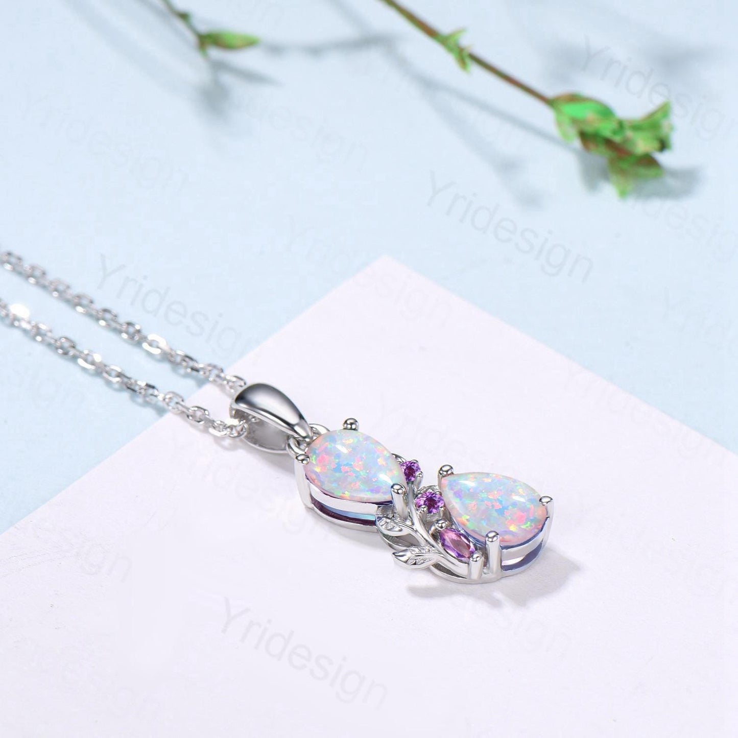 Handmade White Opal Pendant Necklace, Amethyst Accent, 14K Gold - PENFINE