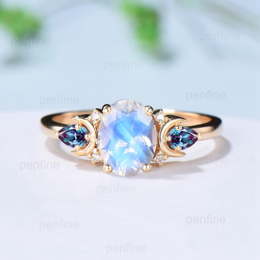 1.5ct Oval Natural Moonstone Engagement Ring Vintage 14K Yellow Gold Alexandrite Moon Wedding Ring June Birthstone Anniversary Promise Gifts - PENFINE