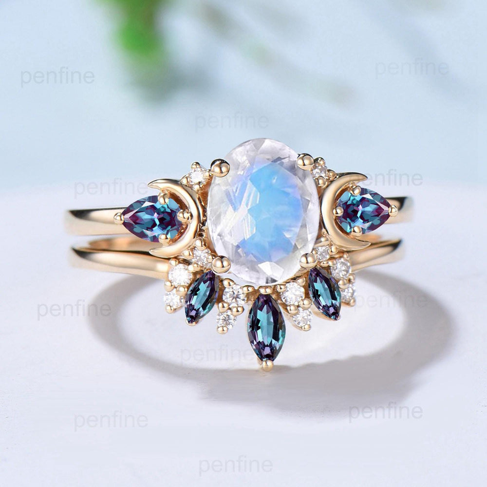 1.5ct Oval Natural Moonstone Engagement Ring Vintage 14K Yellow Gold Alexandrite Moon Wedding Ring June Birthstone Anniversary Promise Gifts - PENFINE