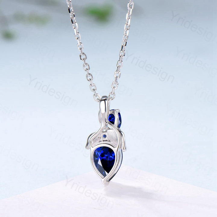 Pear Blue Sapphire Pendant Necklace, Nature Inspired Leaf Vine, Handmade Gold - PENFINE