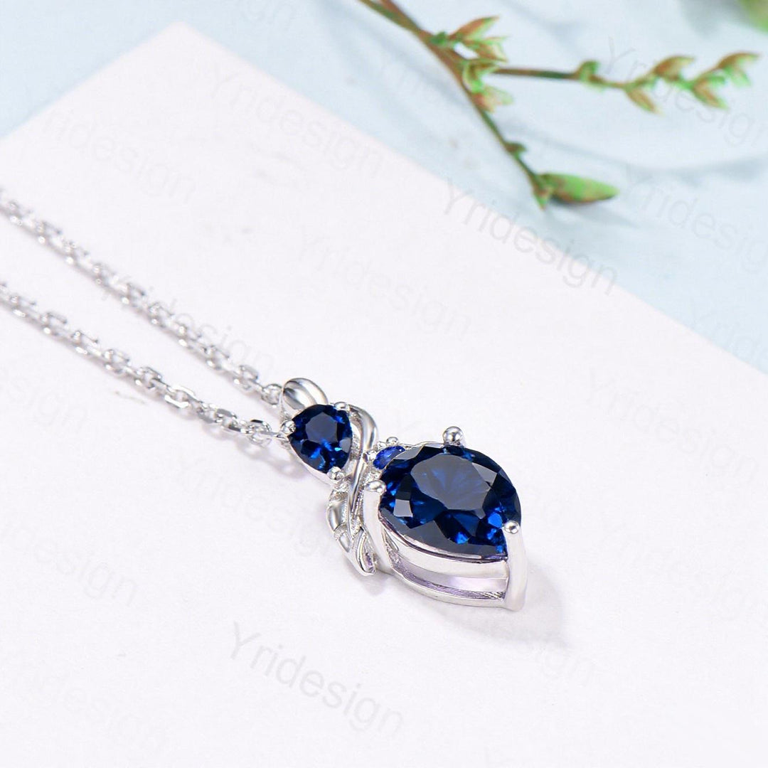 Pear Blue Sapphire Pendant Necklace, Nature Inspired Leaf Vine, Handmade Gold - PENFINE