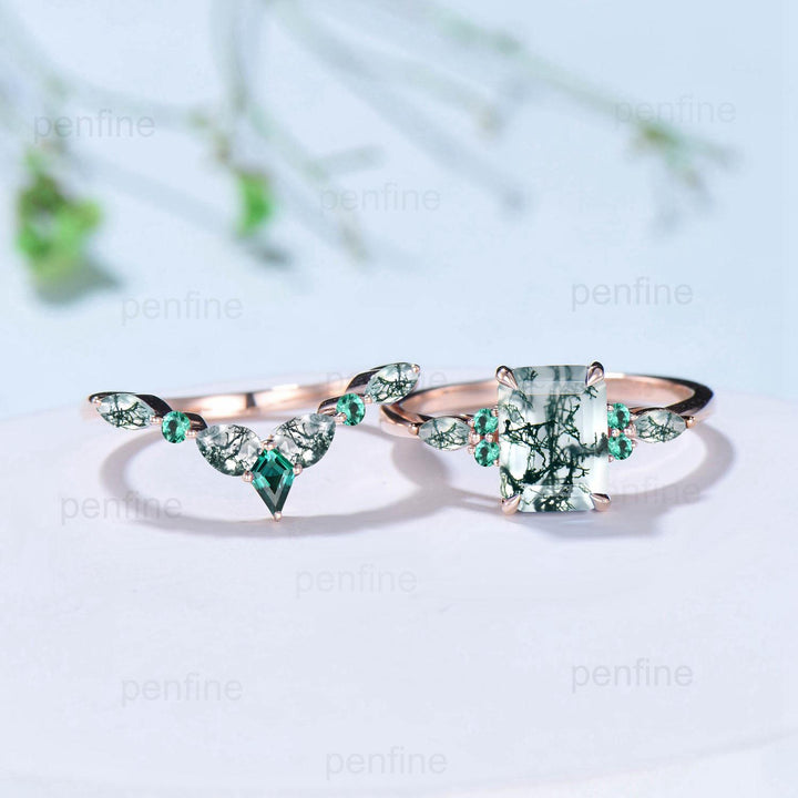 Unique Emerald Cut Natural Moss Agate Engagement Ring Set Seven Stone Green Gemstone Wedding Ring Set 14K Rose Gold Emerald Bridal Set Women - PENFINE