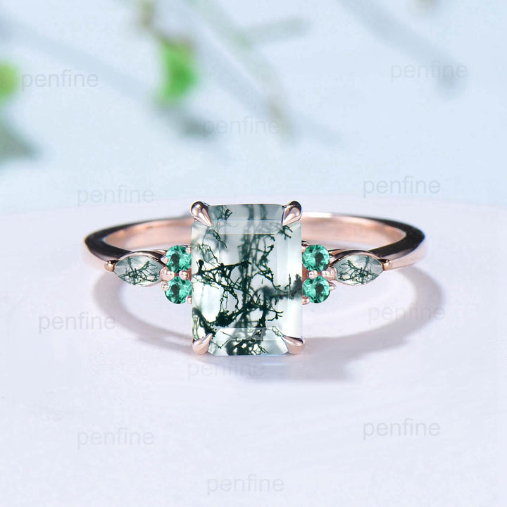 Unique Emerald Cut Natural Moss Agate Engagement Ring Set Seven Stone Green Gemstone Wedding Ring Set 14K Rose Gold Emerald Bridal Set Women - PENFINE
