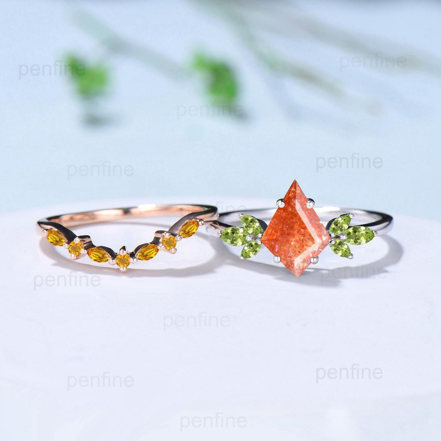 Retro sunstone engagement ring set kite cut Vintage cluster peridot wedding ring yellow crystal citrine birthstone promise ring for women - PENFINE