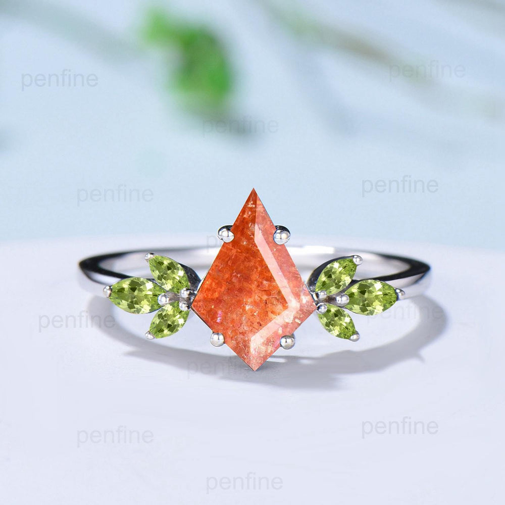 Retro sunstone engagement ring set kite cut Vintage cluster peridot wedding ring yellow crystal citrine birthstone promise ring for women - PENFINE