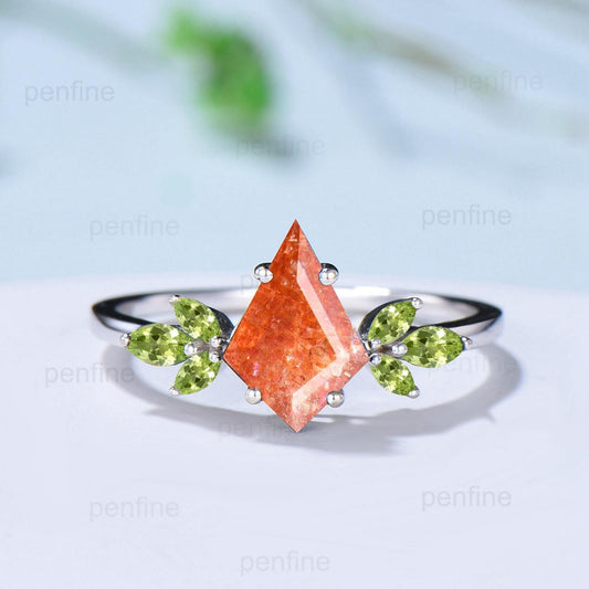 Retro sunstone engagement ring set kite cut Vintage cluster peridot wedding ring yellow crystal citrine birthstone promise ring for women - PENFINE