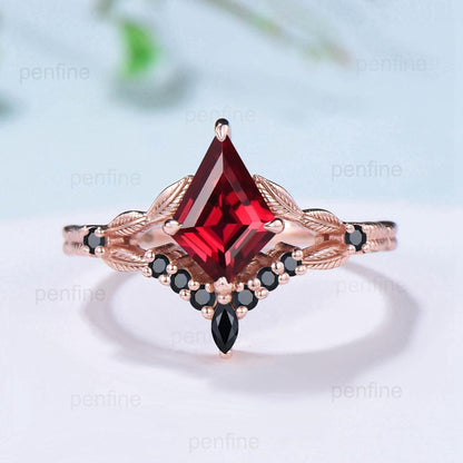 Vintage natural garnet ring set kite cut unique red garnet split shank engagement ring cluster black spinel bridal wedding ring leaf jewelry - PENFINE