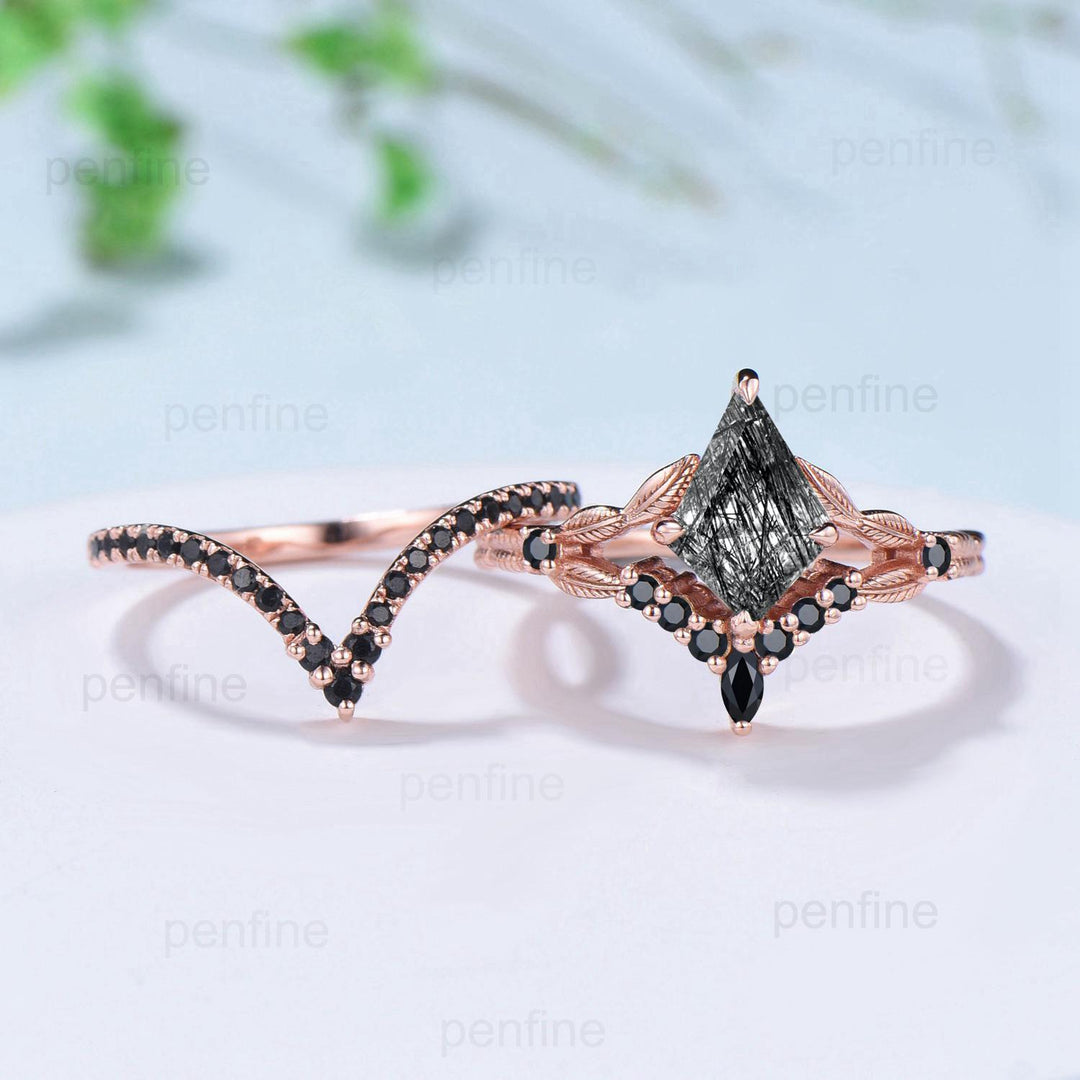 Unique black rutilated quartz ring set kite cut split shank black tourmaline engagement ring cluster spinel bridal wedding ring Fine jewelry - PENFINE