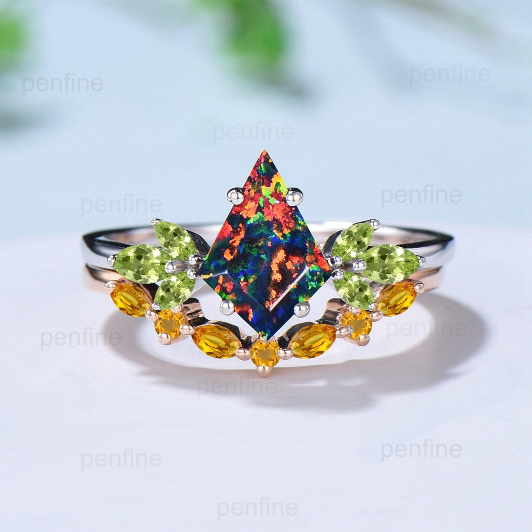 Retro kite cut black fire opal engagement ring set Vintage cluster peridot wedding ring citrine stacking band October birthstone bridal set - PENFINE