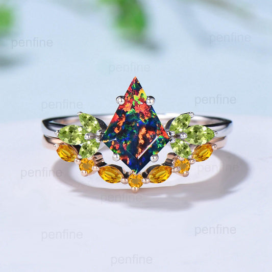 Retro kite cut black fire opal engagement ring set Vintage cluster peridot wedding ring citrine stacking band October birthstone bridal set - PENFINE