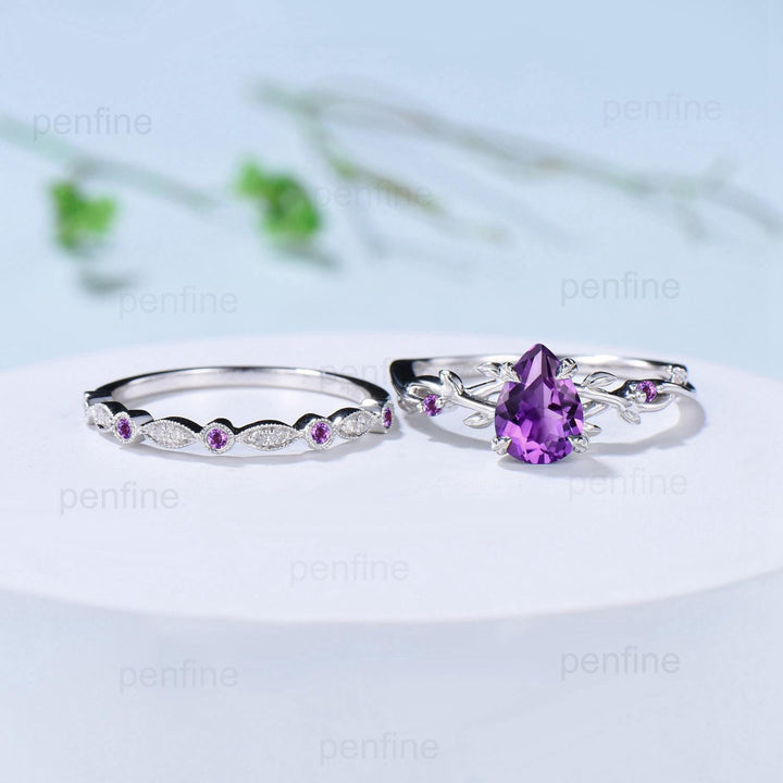 Vintage Amethyst Ring Set Pear Shaped Purple Amethyst Engagement Ring Nature Inspired Wedding Set Art Deco February Birthstone Jewelry Gift - PENFINE