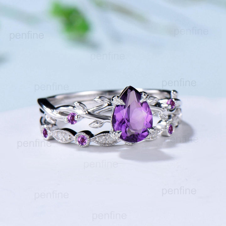 Vintage Amethyst Ring Set Pear Shaped Purple Amethyst Engagement Ring Nature Inspired Wedding Set Art Deco February Birthstone Jewelry Gift - PENFINE