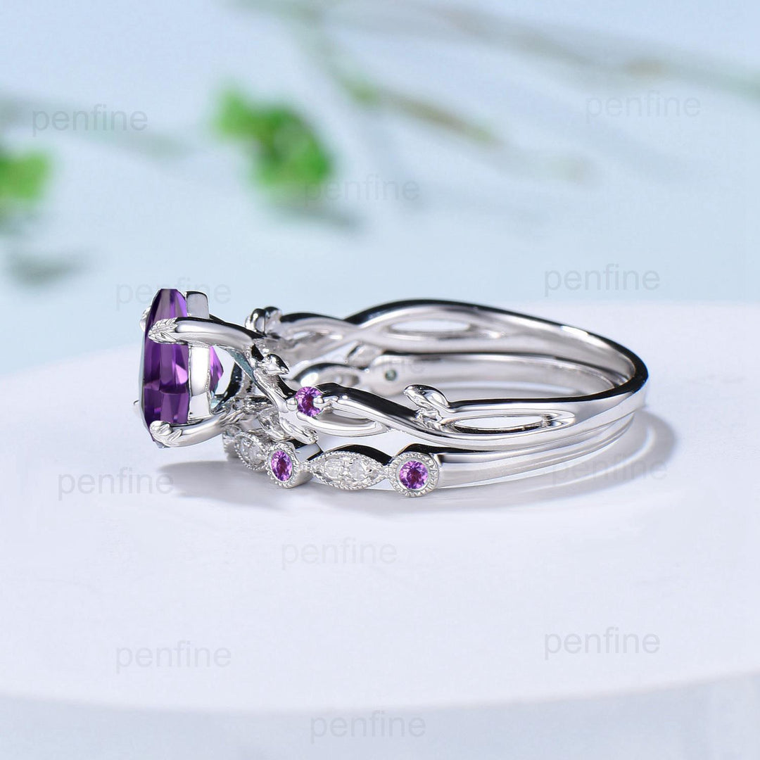 Vintage Amethyst Ring Set Pear Shaped Purple Amethyst Engagement Ring Nature Inspired Wedding Set Art Deco February Birthstone Jewelry Gift - PENFINE