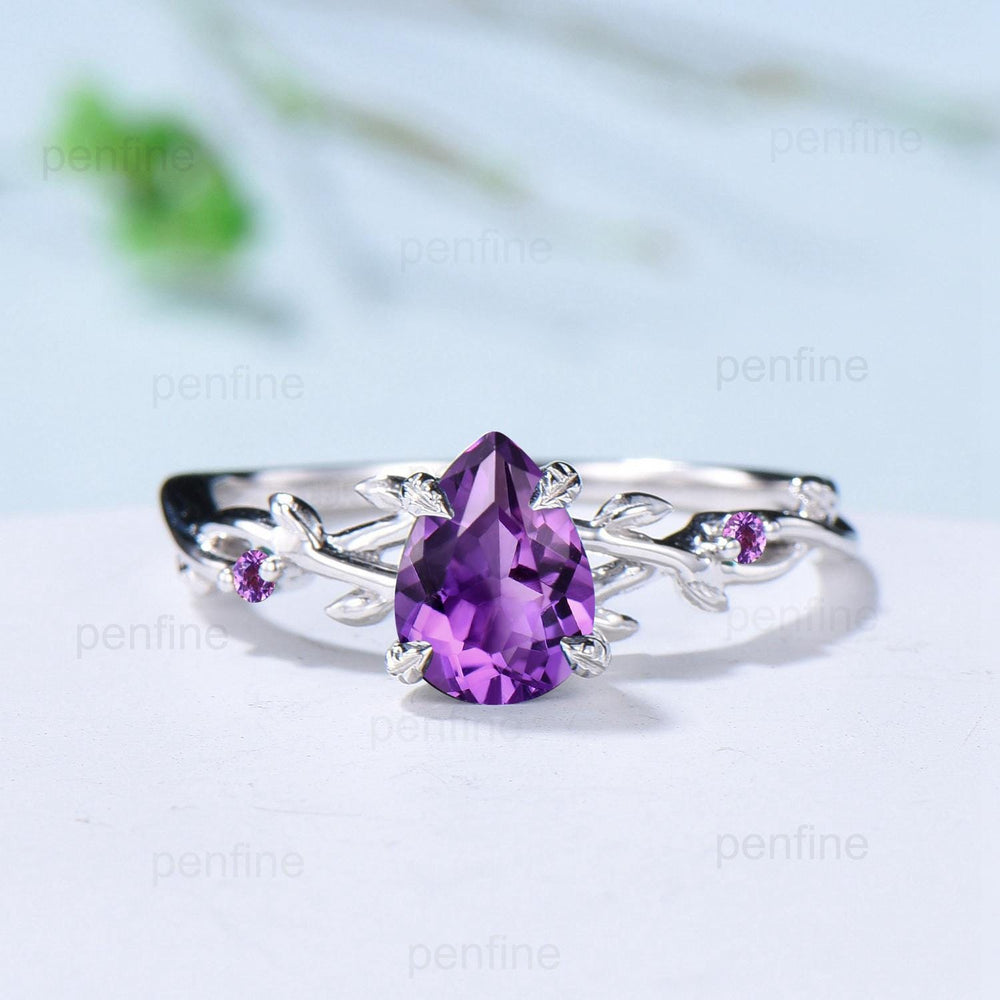 Vintage Amethyst Ring Set Pear Shaped Purple Amethyst Engagement Ring Nature Inspired Wedding Set Art Deco February Birthstone Jewelry Gift - PENFINE