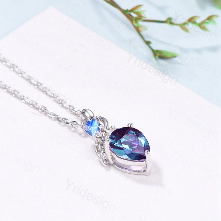 Pear Alexandrite Pendant Necklace, Moonstone Leaf Vine, Handmade - PENFINE
