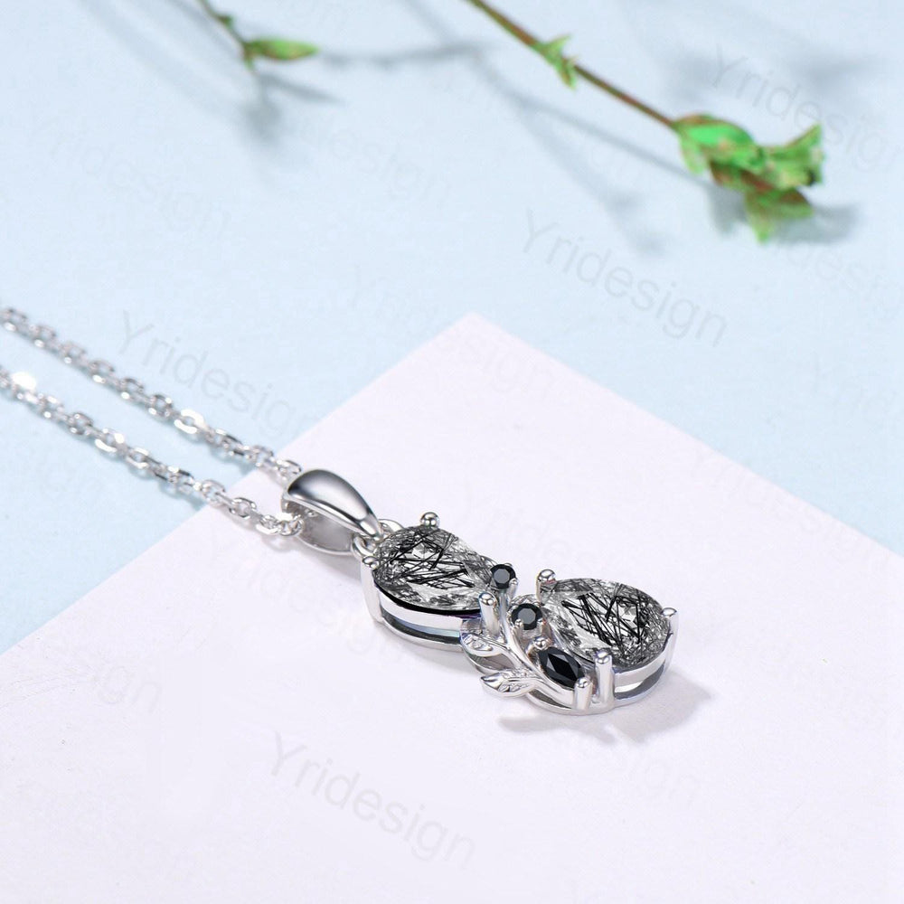 Black Rutilated Quartz Pendant Necklace, 14K Gold Branch & Spinel Accent - PENFINE