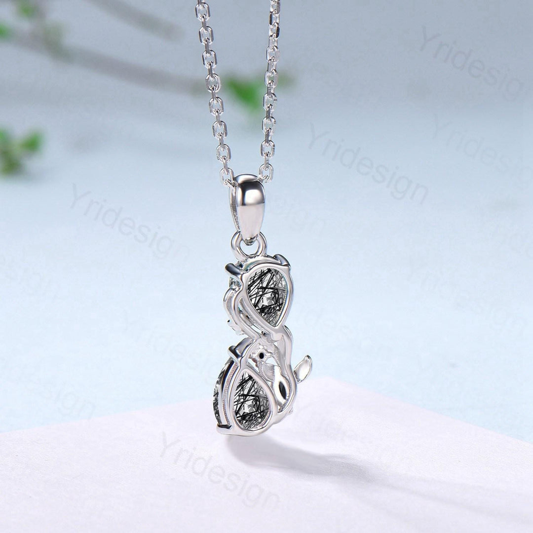 Black Rutilated Quartz Pendant Necklace, 14K Gold Branch & Spinel Accent - PENFINE