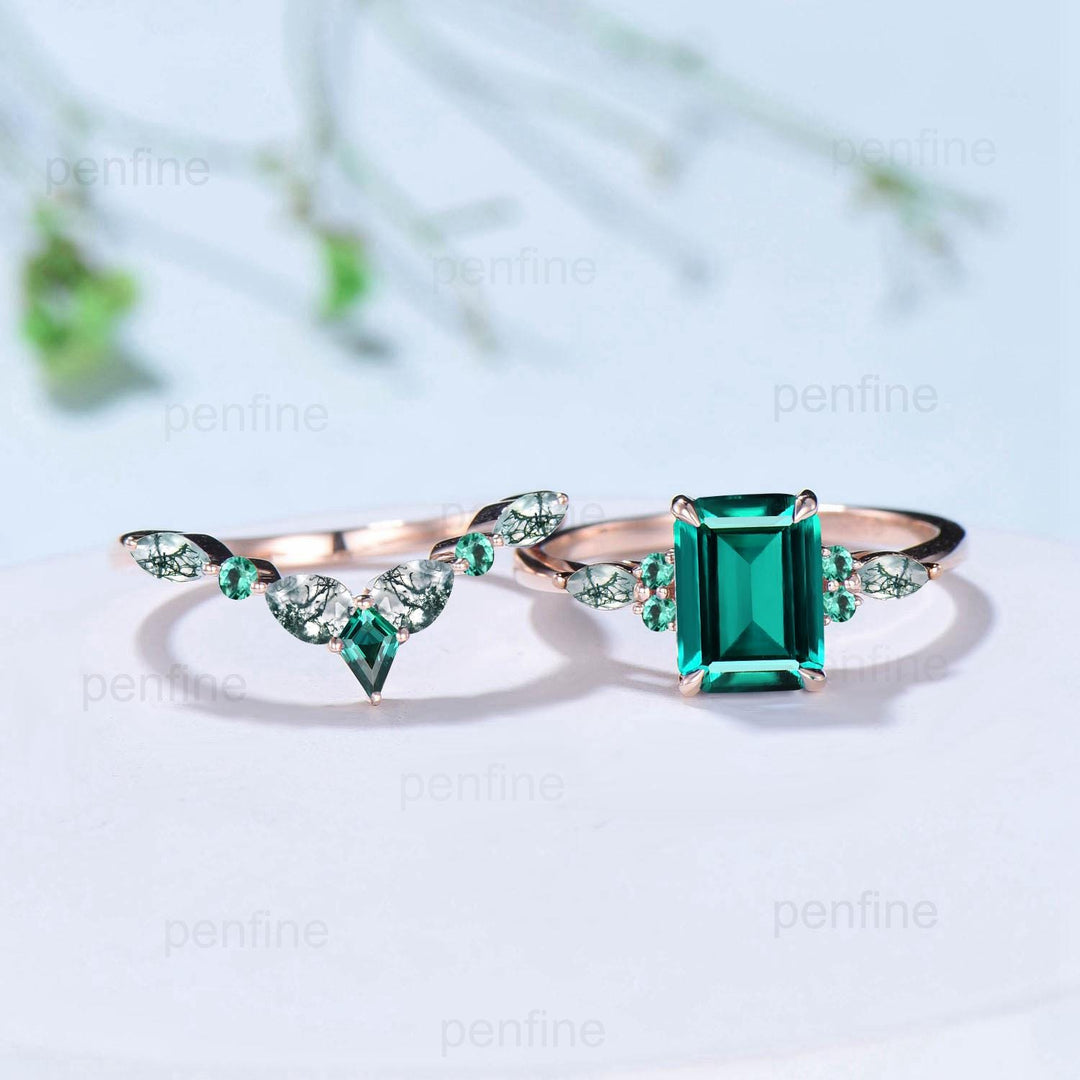 Vintage Emerald Cut Emerald Engagement Ring Set Unique Seven Stone Moss Agate Wedding Ring Set Silver Rose Gold May Birthstone Bridal Set - PENFINE