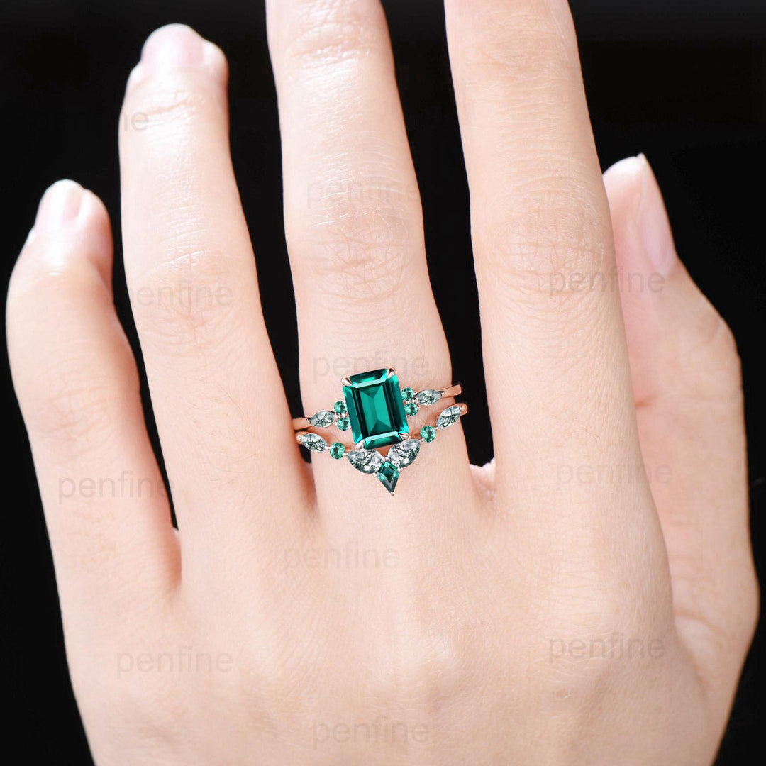 Vintage Emerald Cut Emerald Engagement Ring Set Unique Seven Stone Moss Agate Wedding Ring Set Silver Rose Gold May Birthstone Bridal Set - PENFINE