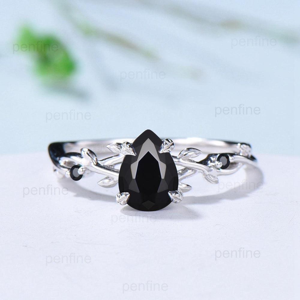 Vintage Black Onyx Ring Set Pear Shaped Twig Vine Engagement Ring Nature Inspired Wedding Set Art Deco Anniversary Promise Jewelry Gifts - PENFINE