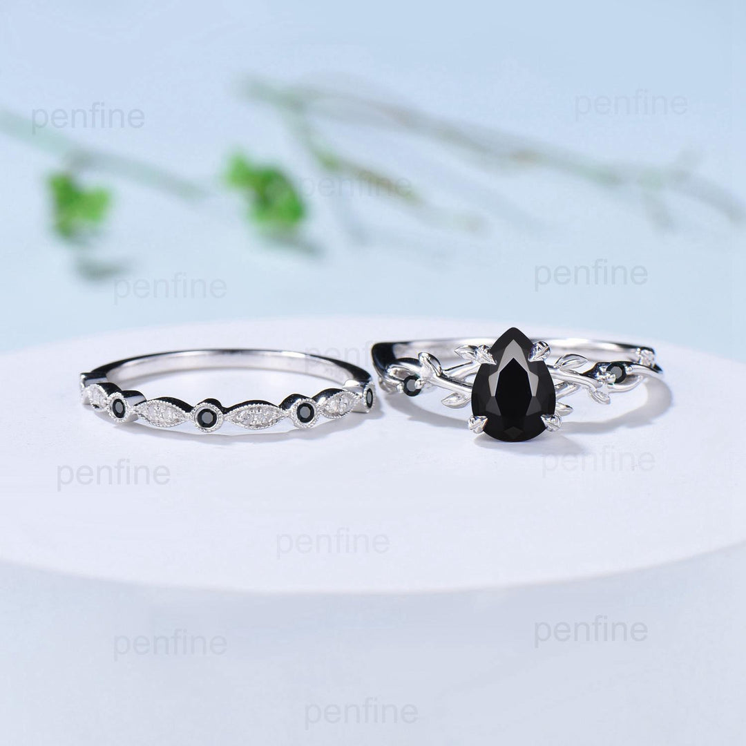 Vintage Black Onyx Ring Set Pear Shaped Twig Vine Engagement Ring Nature Inspired Wedding Set Art Deco Anniversary Promise Jewelry Gifts - PENFINE
